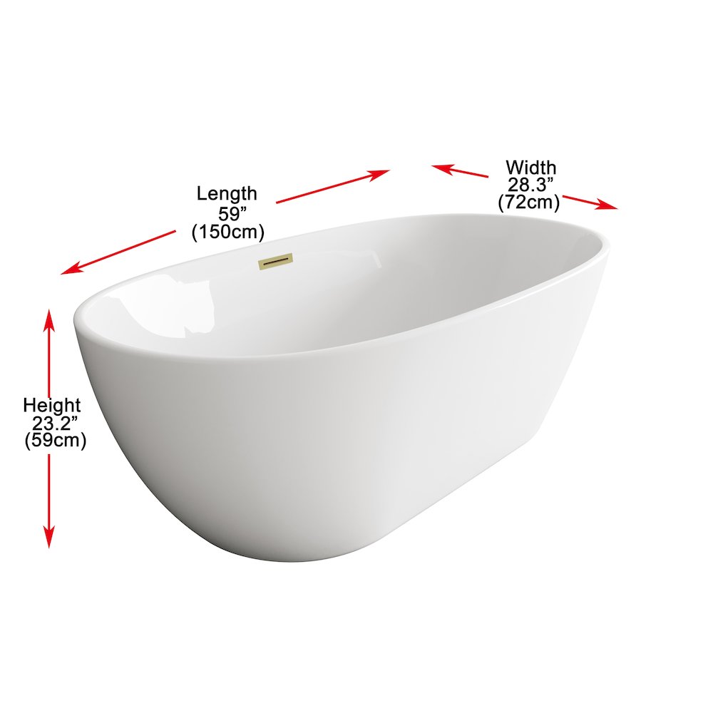 59 inch Soaking Bathtub in Glossy White with Brushed Gold Trim. Picture 8