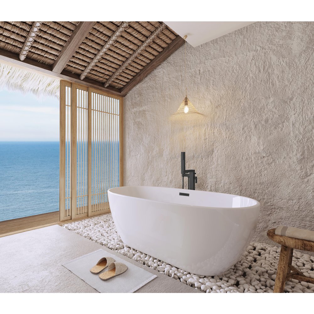 59 inch Soaking Bathtub in Glossy White with Matte Black Trim. Picture 3