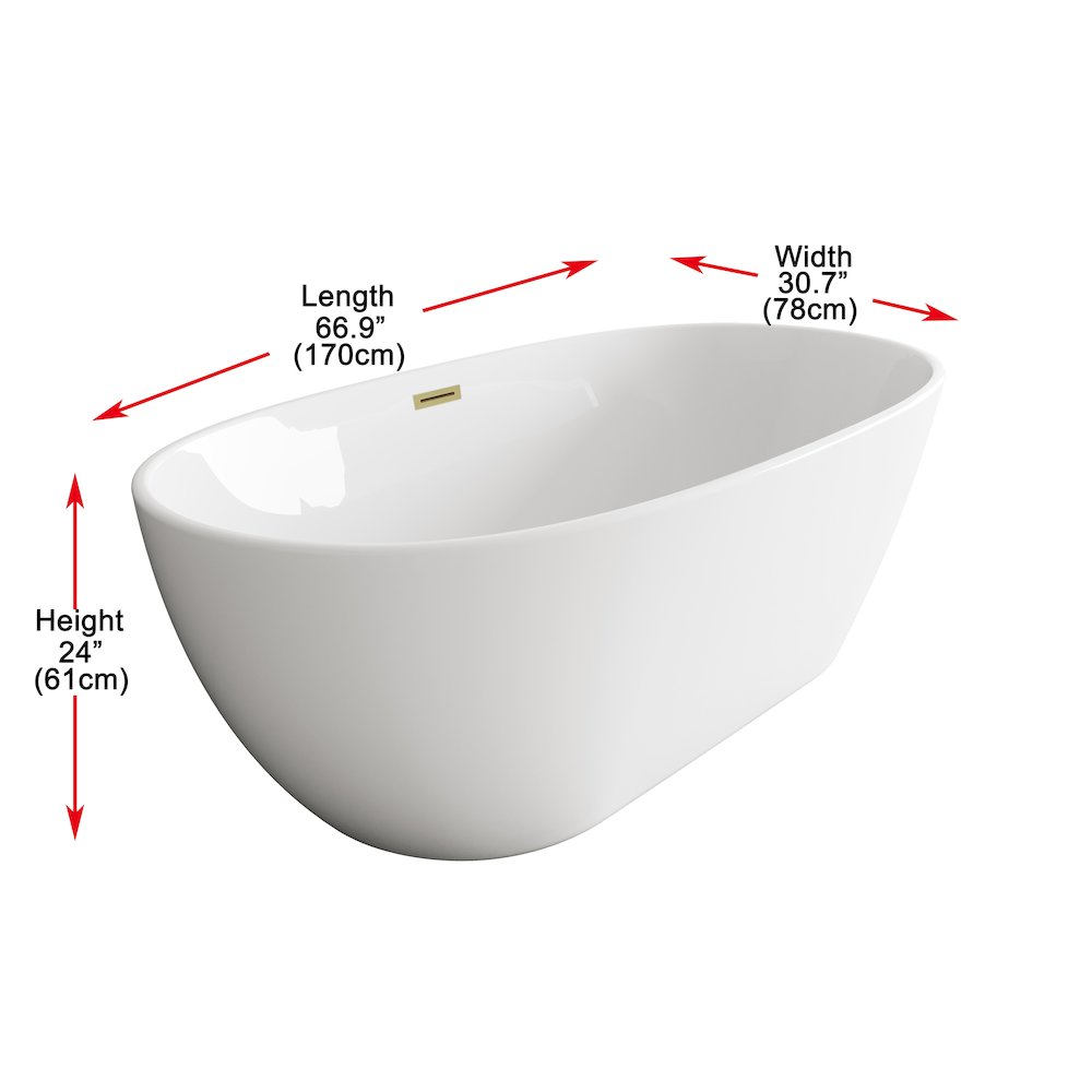 67 inch Soaking Bathtub in Glossy White with Brushed Gold Trim. Picture 8