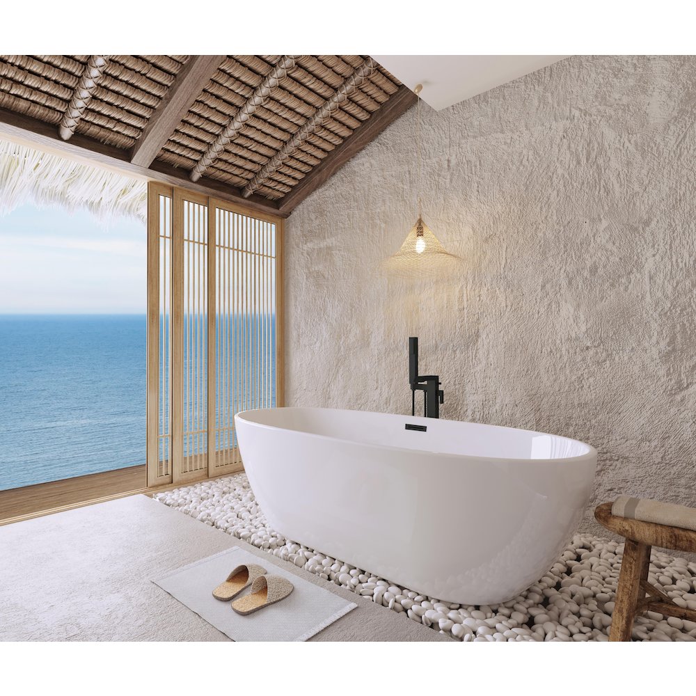 67 inch Soaking Bathtub in Glossy White with Matte Black Trim. Picture 3