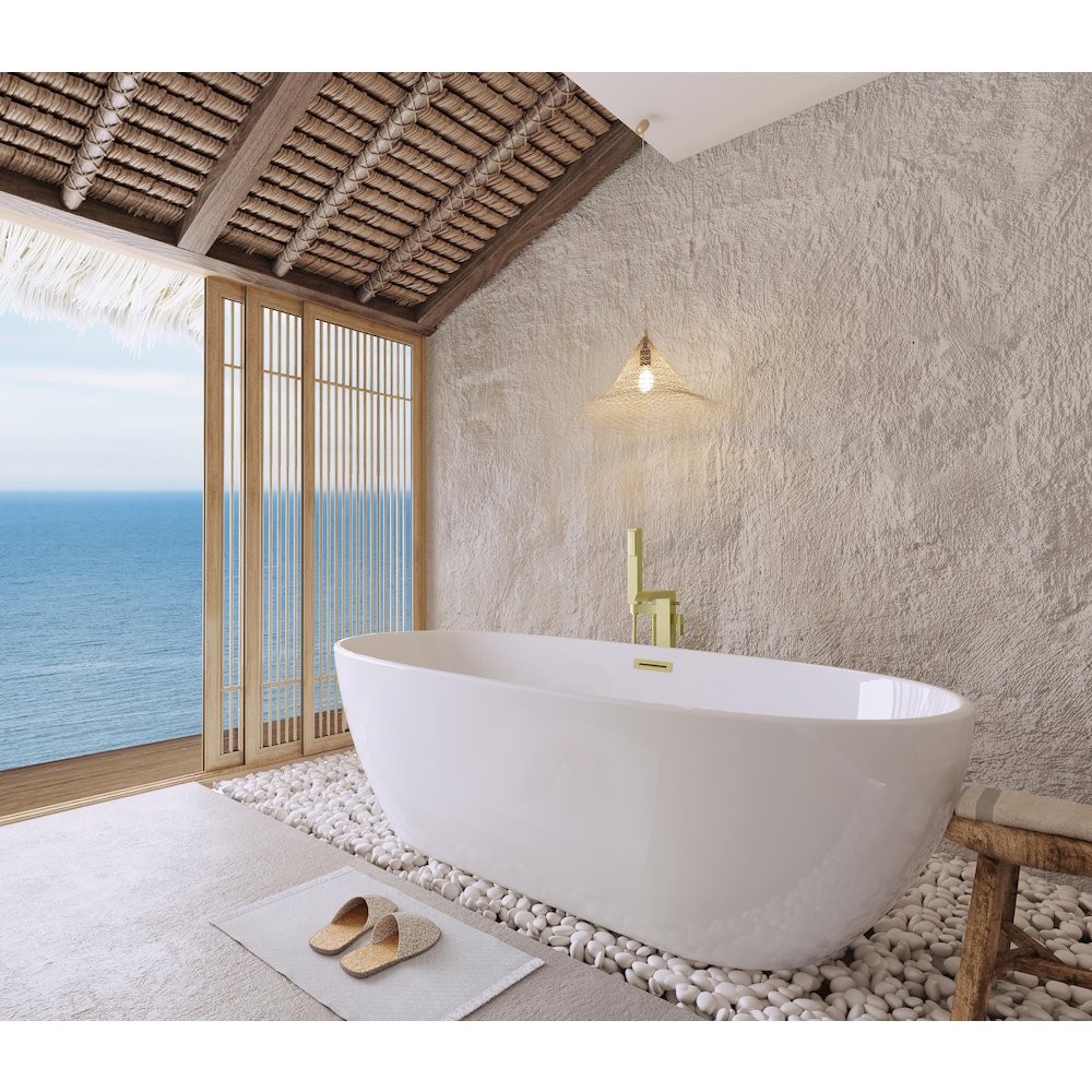 77 inch Soaking Bathtub in Glossy White with Brushed Gold Trim. Picture 3