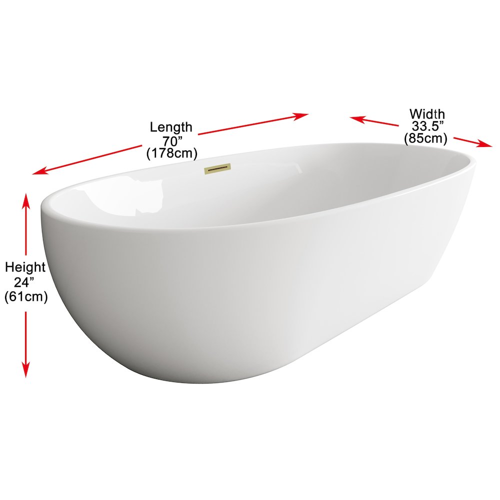 77 inch Soaking Bathtub in Glossy White with Brushed Gold Trim. Picture 8