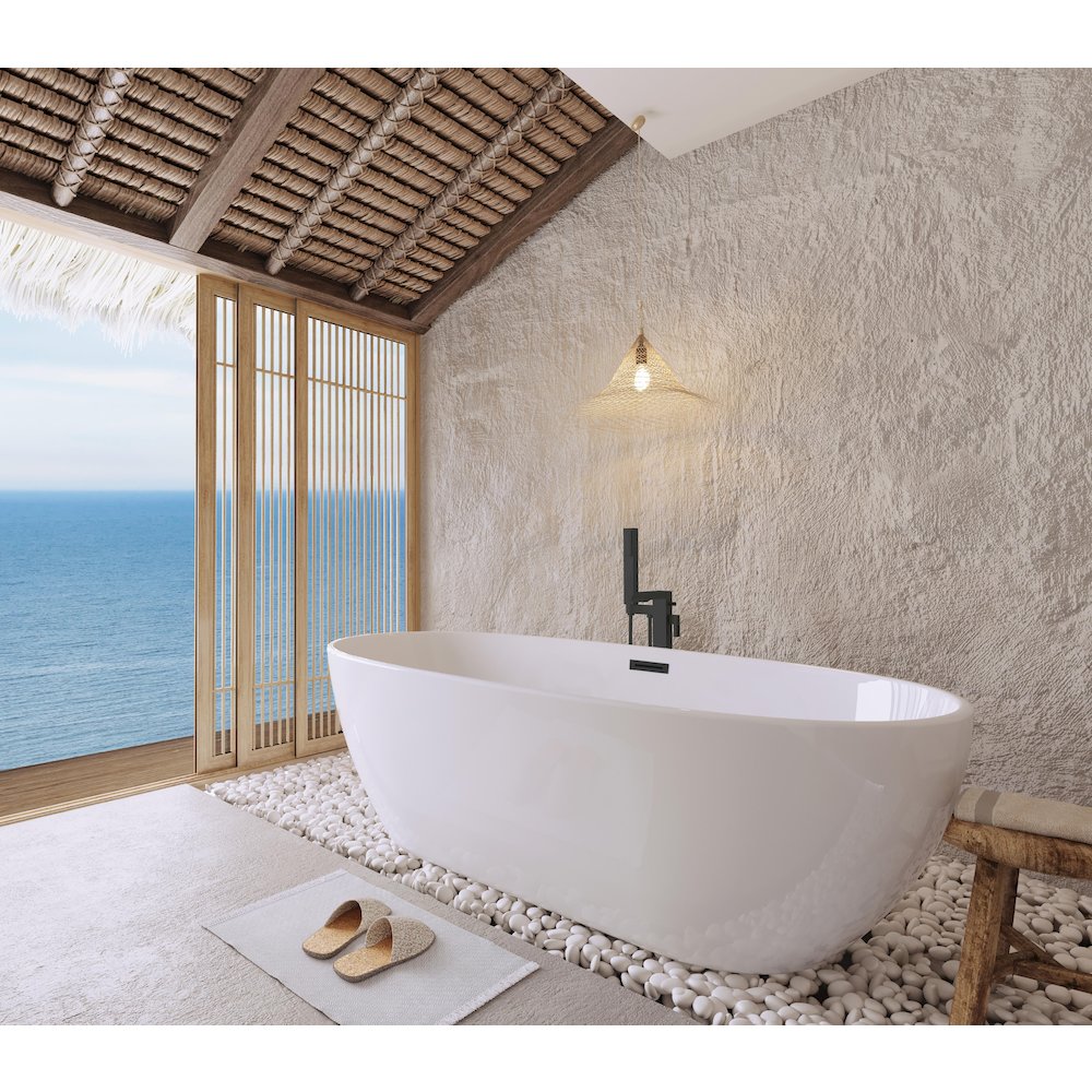 77 inch Soaking Bathtub in Glossy White with Matte Black Trim. Picture 3