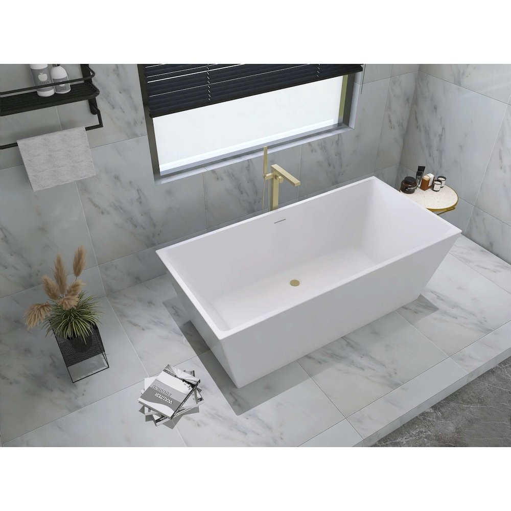 67 inch Soaking rectangular bathtub in glossy white and brushed gold. Picture 7
