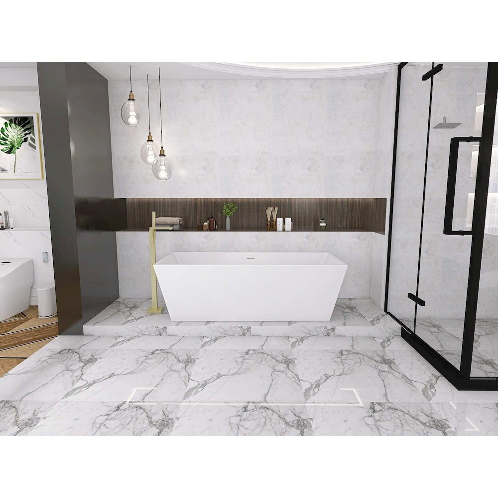 72 inch Soaking rectangular bathtub in glossy white and brushed gold. Picture 5