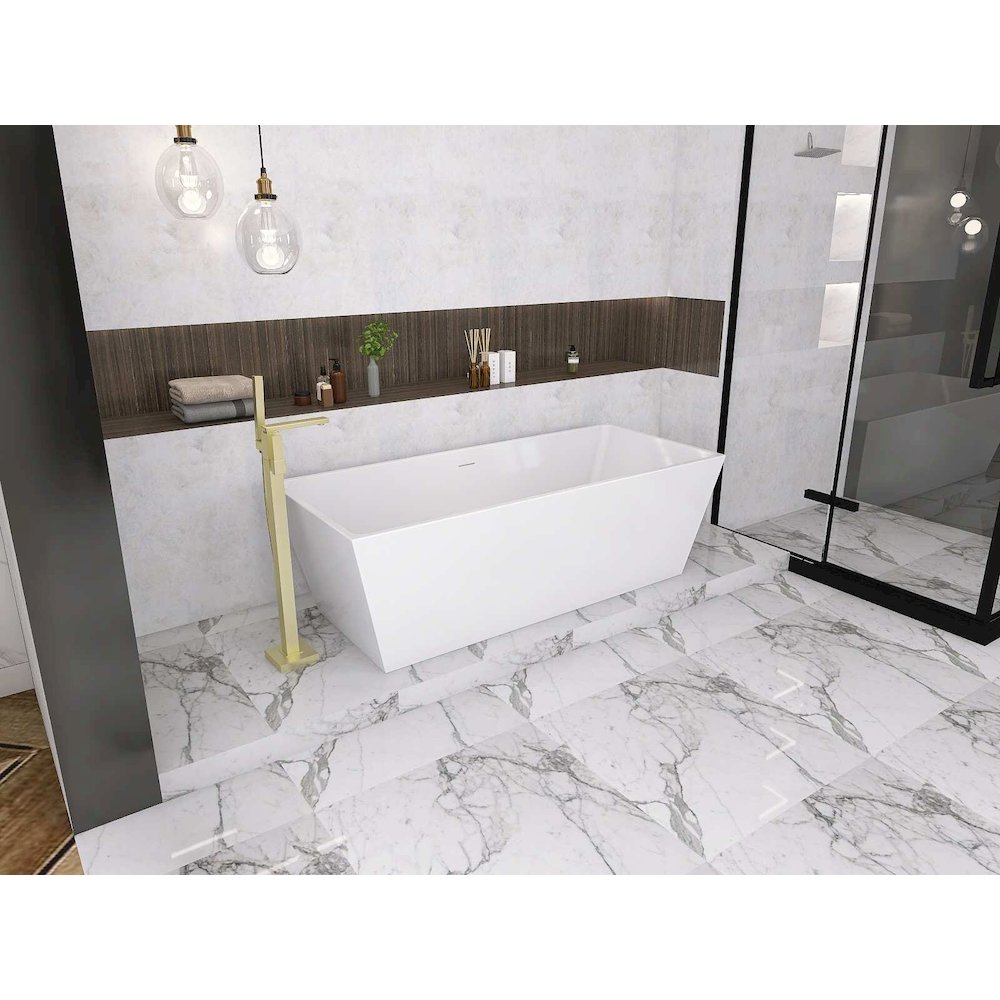 72 inch Soaking rectangular bathtub in glossy white and brushed gold. Picture 6