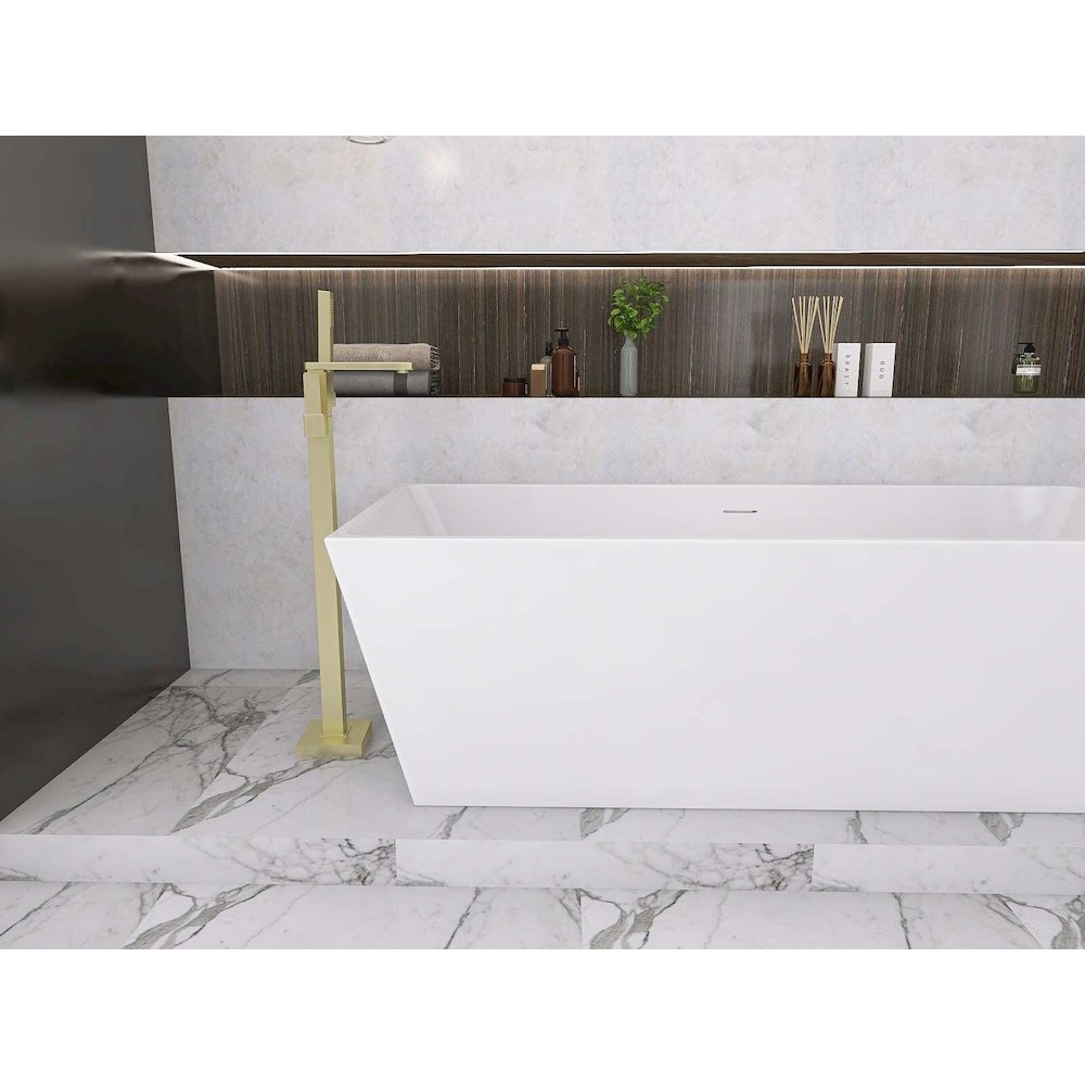72 inch Soaking rectangular bathtub in glossy white and brushed gold. Picture 8