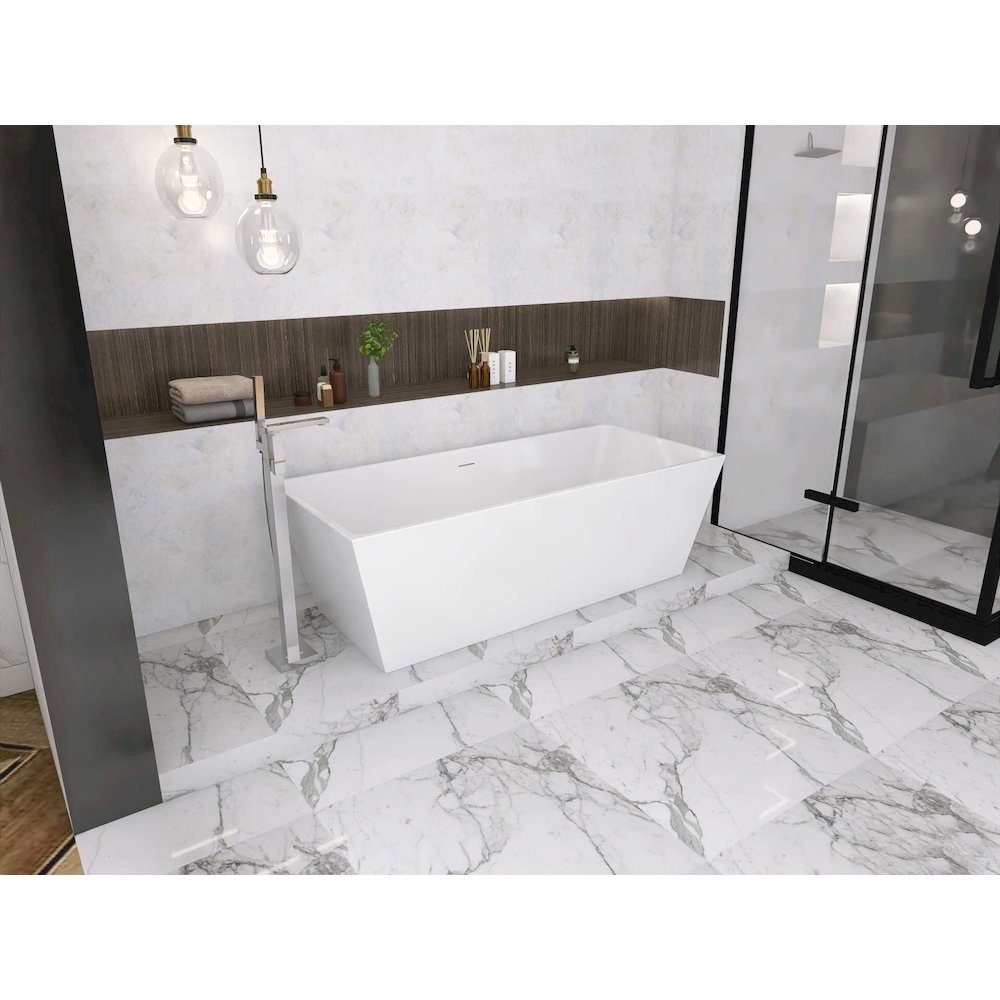72 inch Soaking rectangular bathtub in glossy white and polished chrome. Picture 6