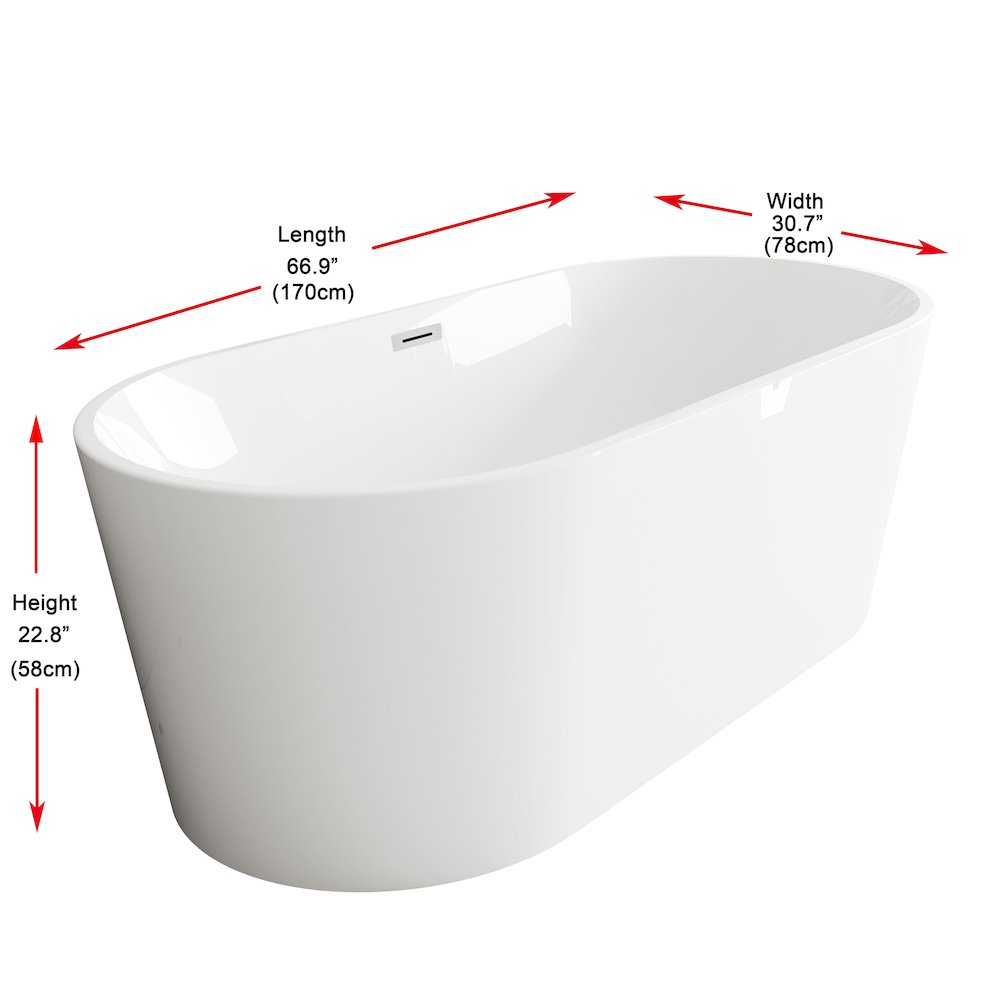 67 inch Bathtub in Glossy White with Chrome Trim. Picture 8