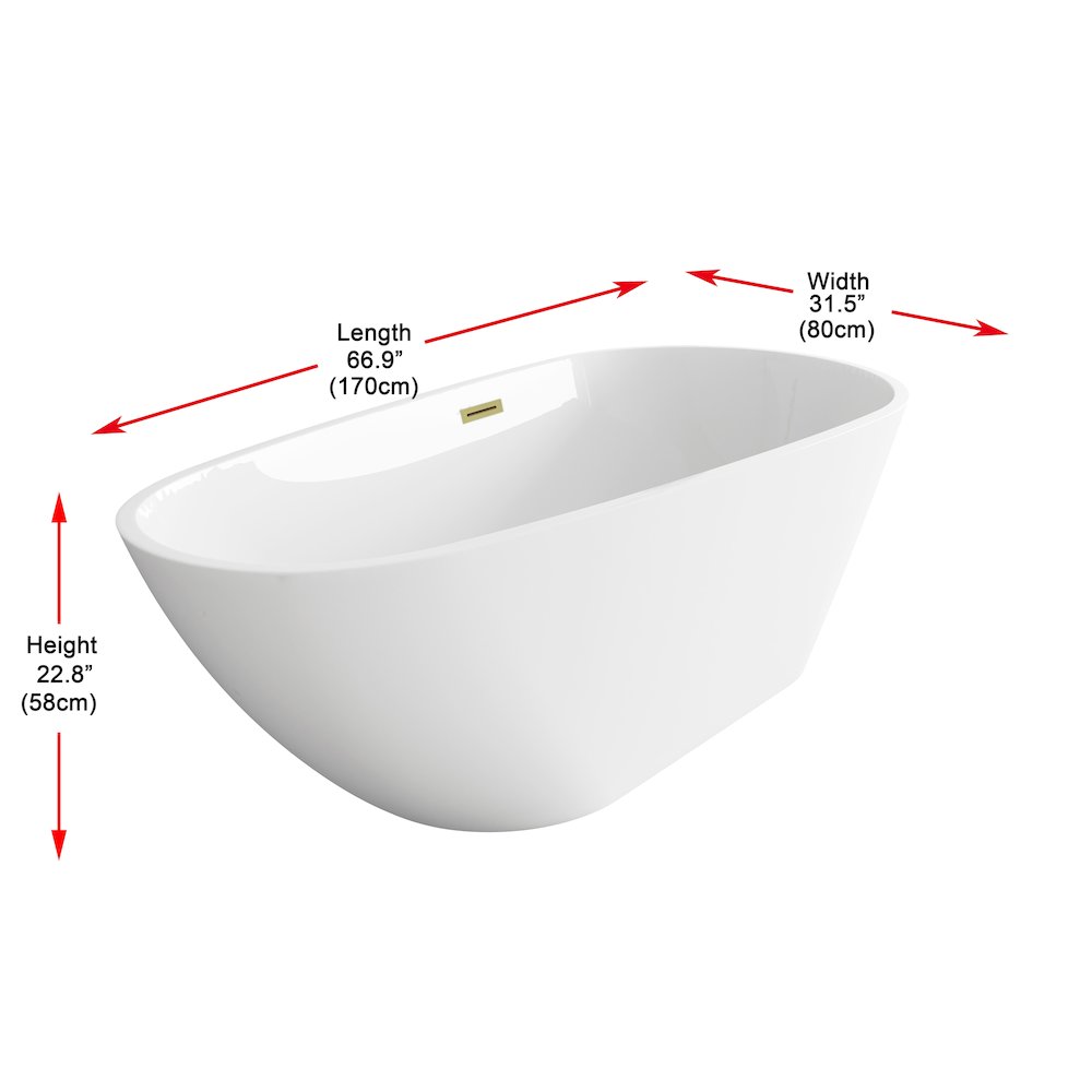 67 inch Bathtub in Glossy White with Brushed Gold Trim. Picture 8