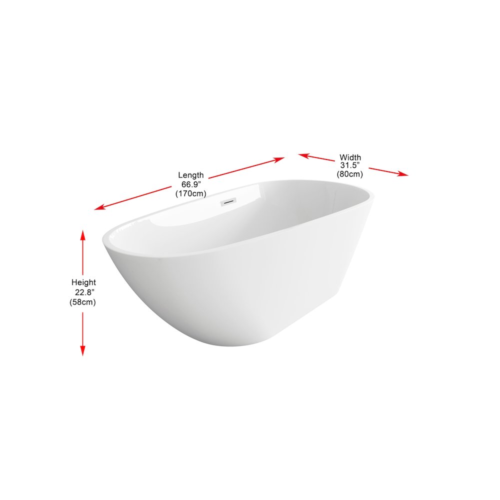 67 inch Bathtub in Glossy White with Chrome Trim. Picture 8