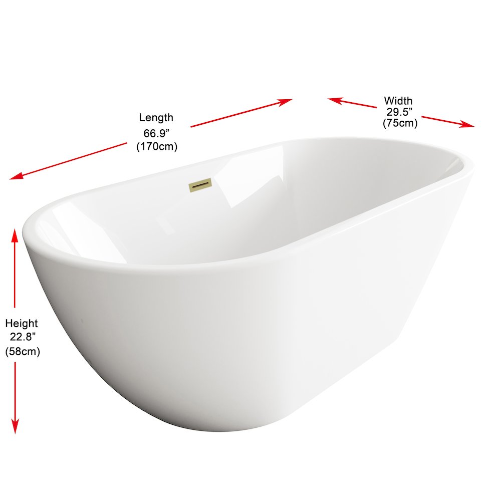 67 inch Bathtub in Glossy White with Brushed Gold Trim. Picture 8