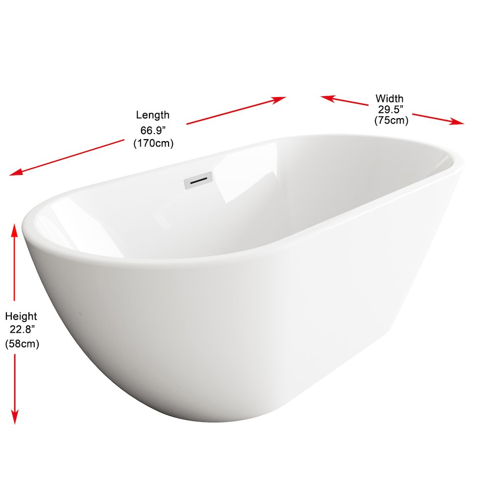 67 inch Bathtub in Glossy White with Chrome Trim. Picture 8