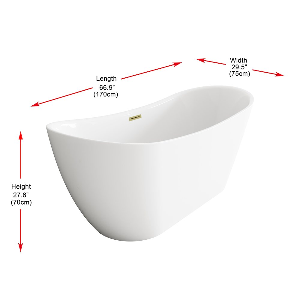 67 inch Bathtub in Glossy White with Brushed Gold Trim. Picture 8