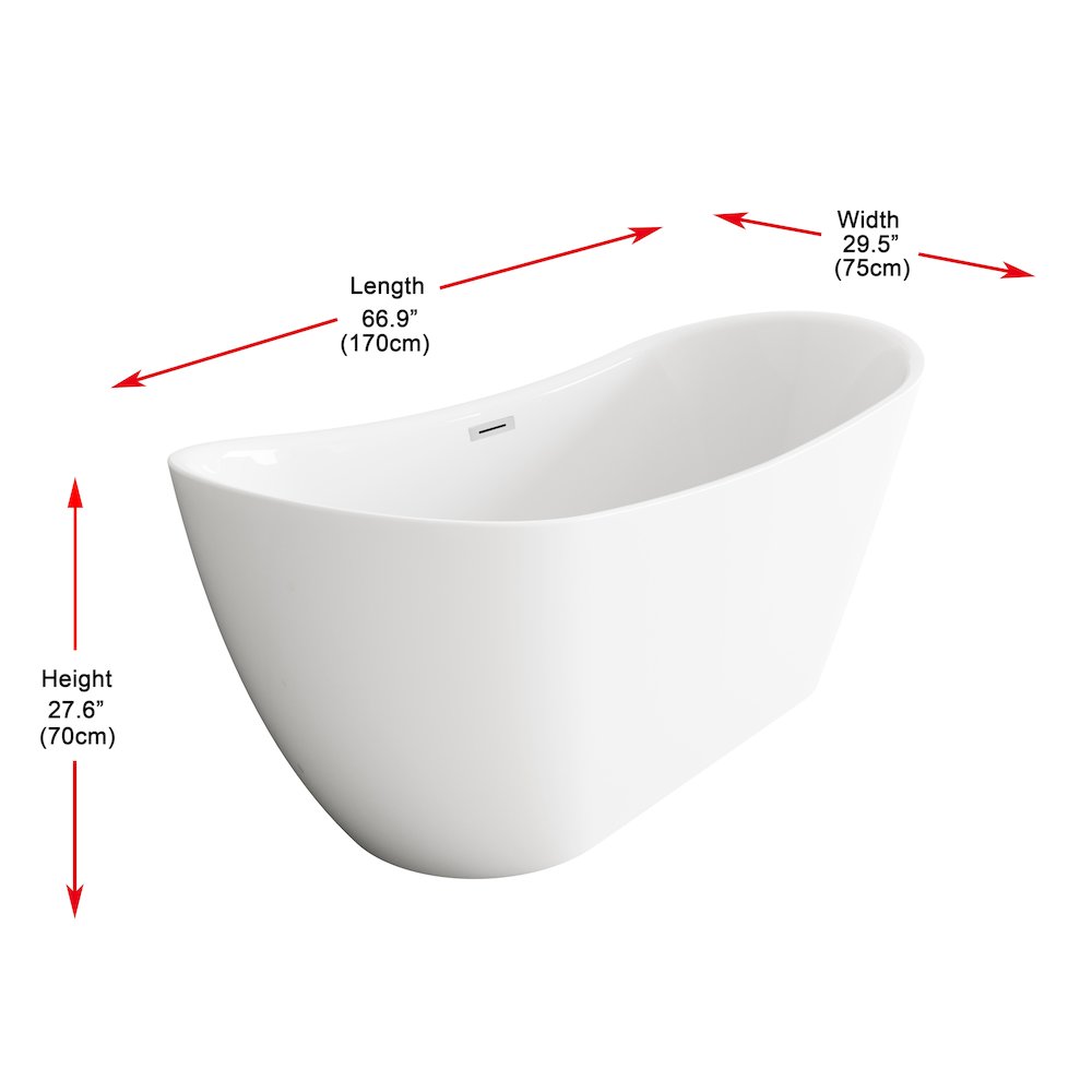 67 inch Bathtub in Glossy White with Chrome Trim. Picture 8