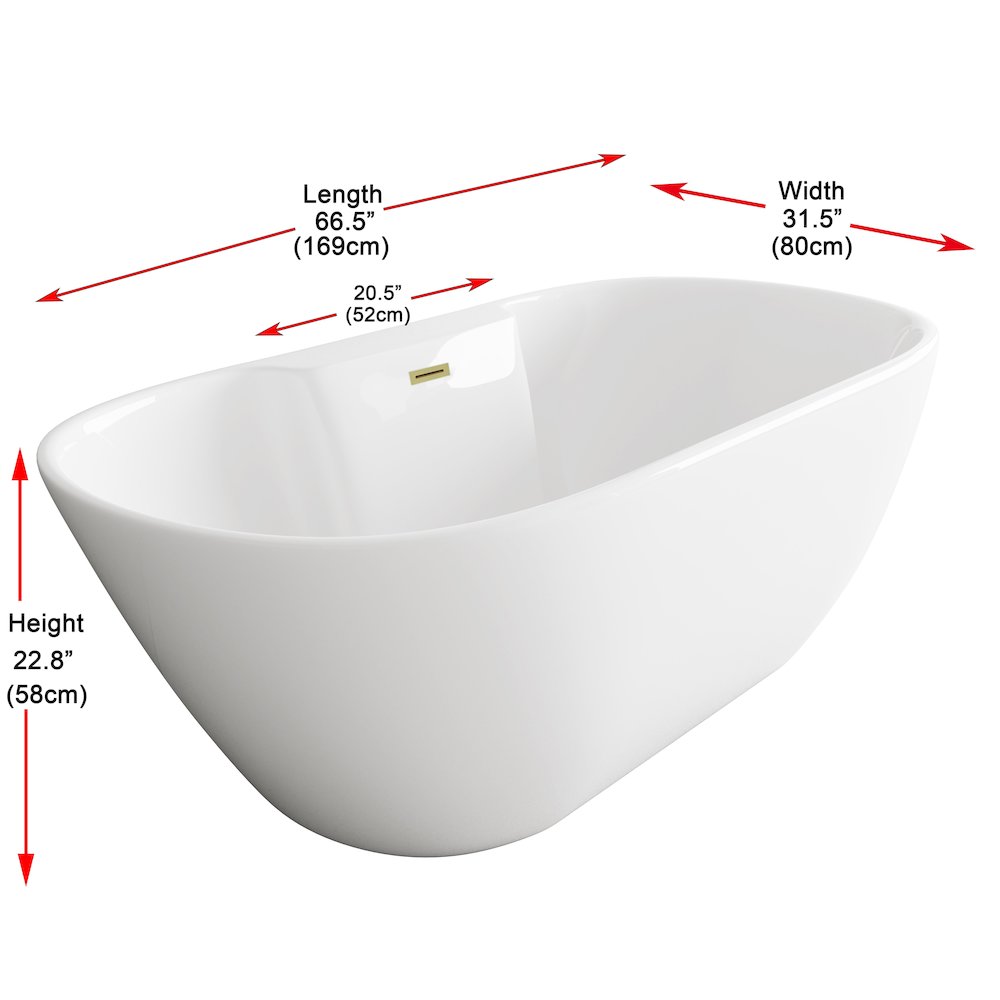 67 inch Bathtub in Glossy White with Brushed Gold Trim. Picture 8