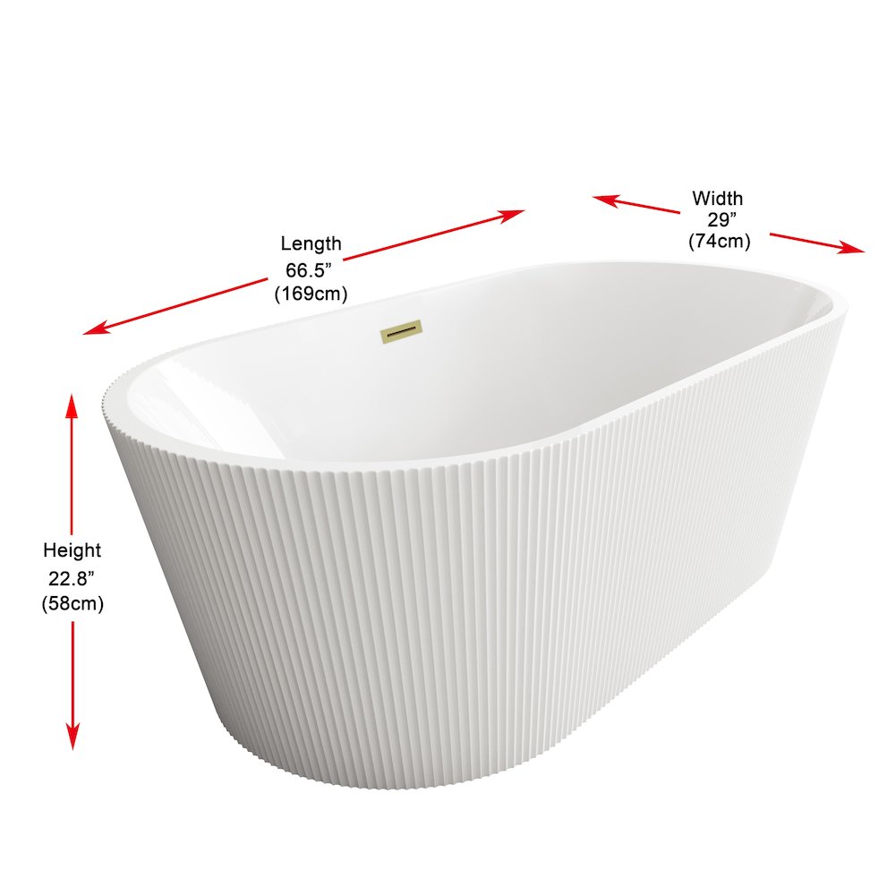67 inch Bathtub in Glossy White with Brushed Gold Trim. Picture 8