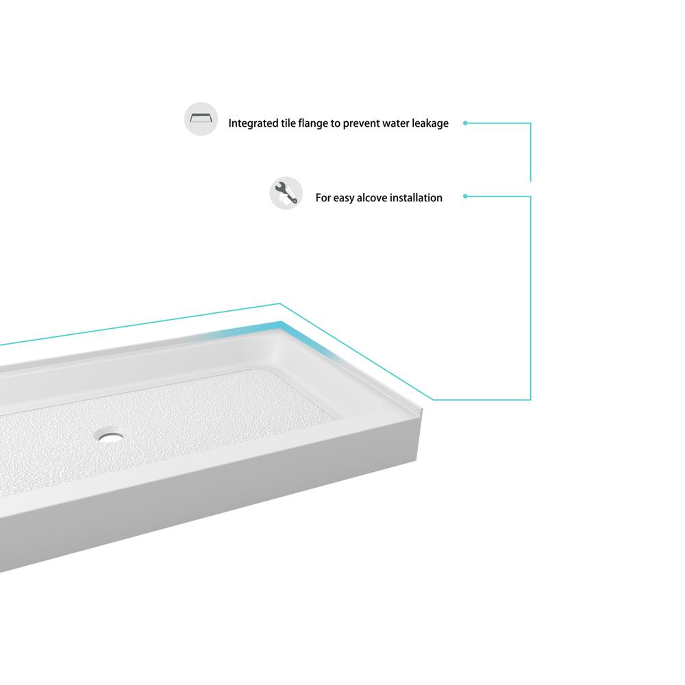 60x36 inch Single threshold shower tray center drain in glossy white. Picture 4