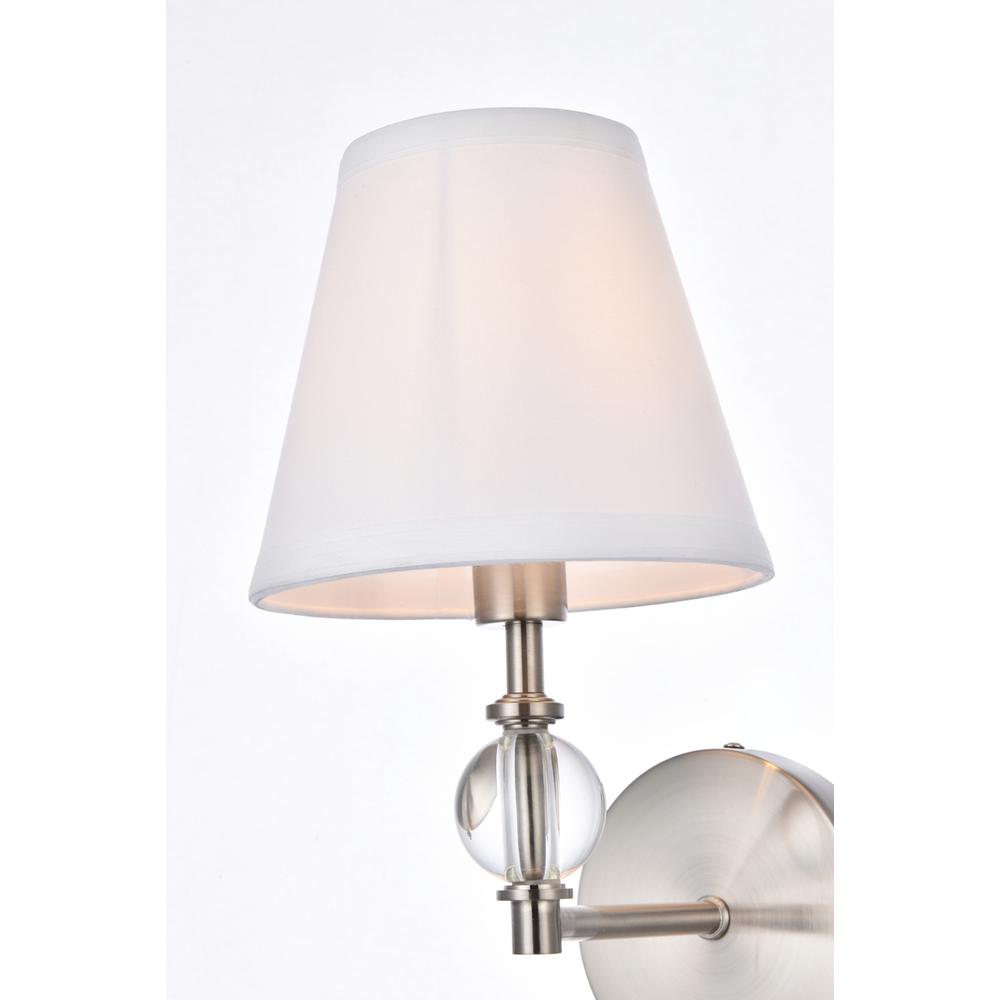 Bethany 1 light bath sconce in satin nickel with white fabric shade. Picture 5