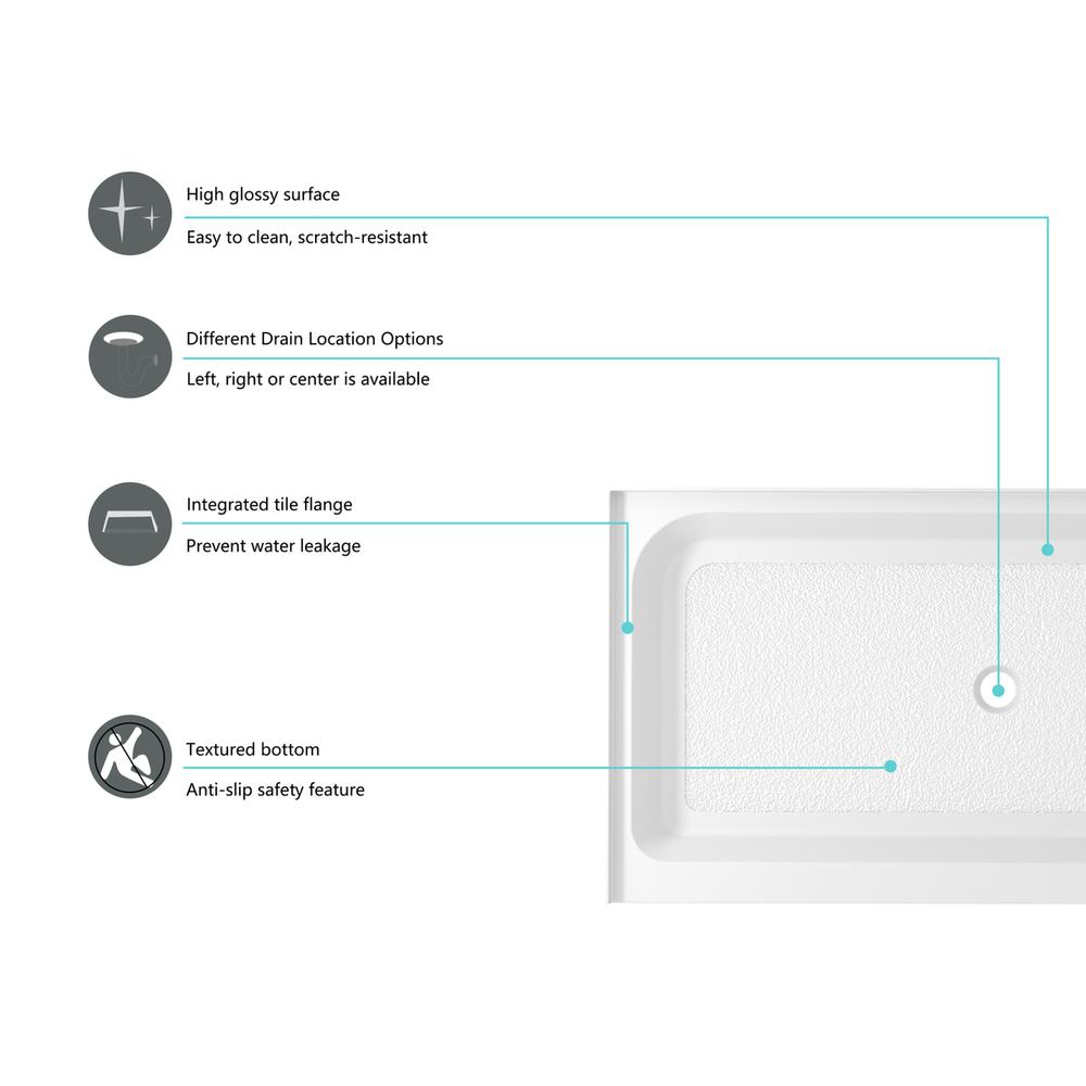 60x36 inch Single threshold shower tray center drain in glossy white. Picture 6