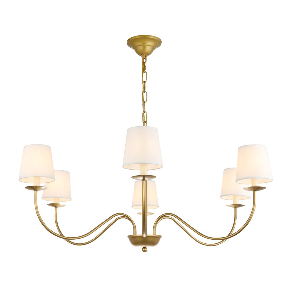 Eclipse 6 light Brass and White shade chandelier. Picture 6