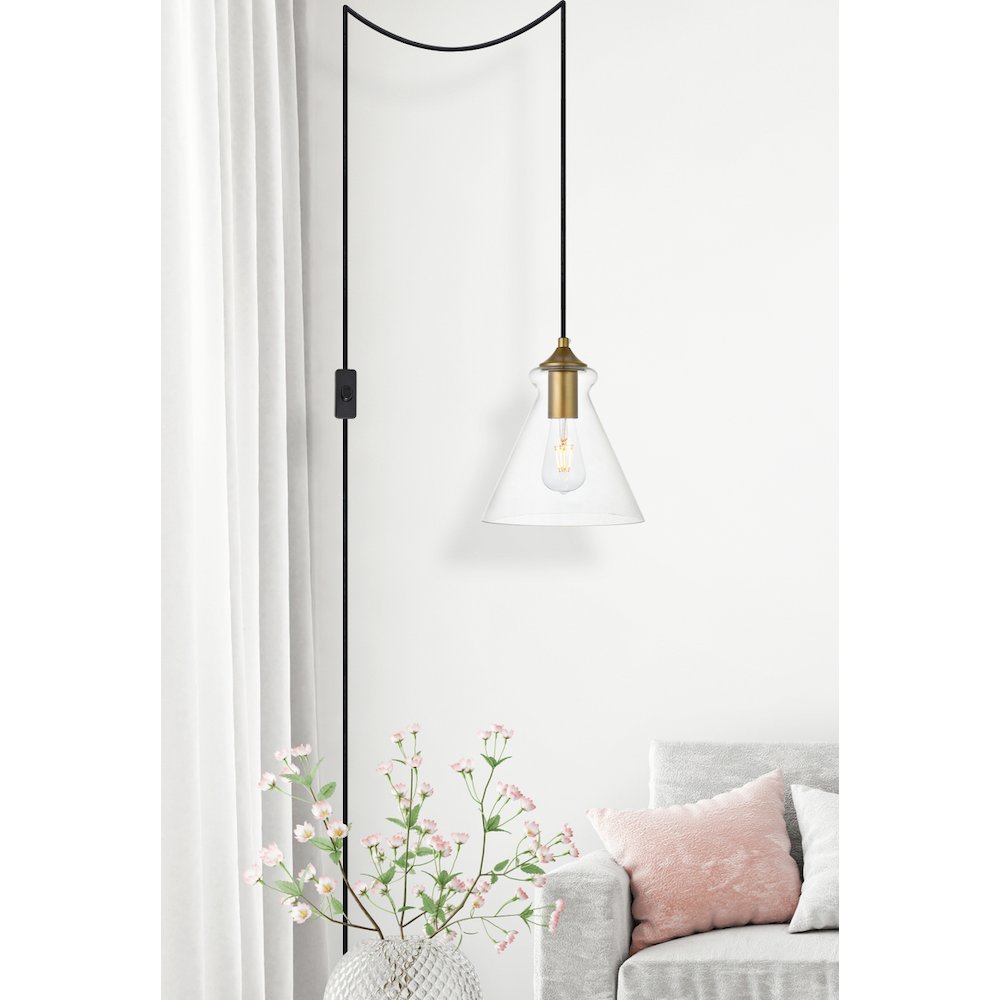 Destry 1 Light Brass Plug-In Pendant With Clear Glass. Picture 6