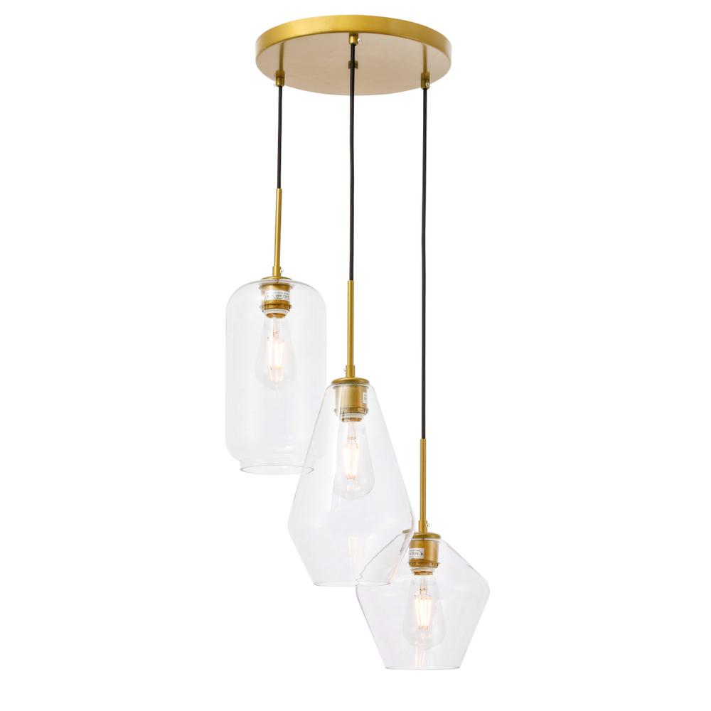 Gene 3 light Brass and Clear glass pendant. Picture 7