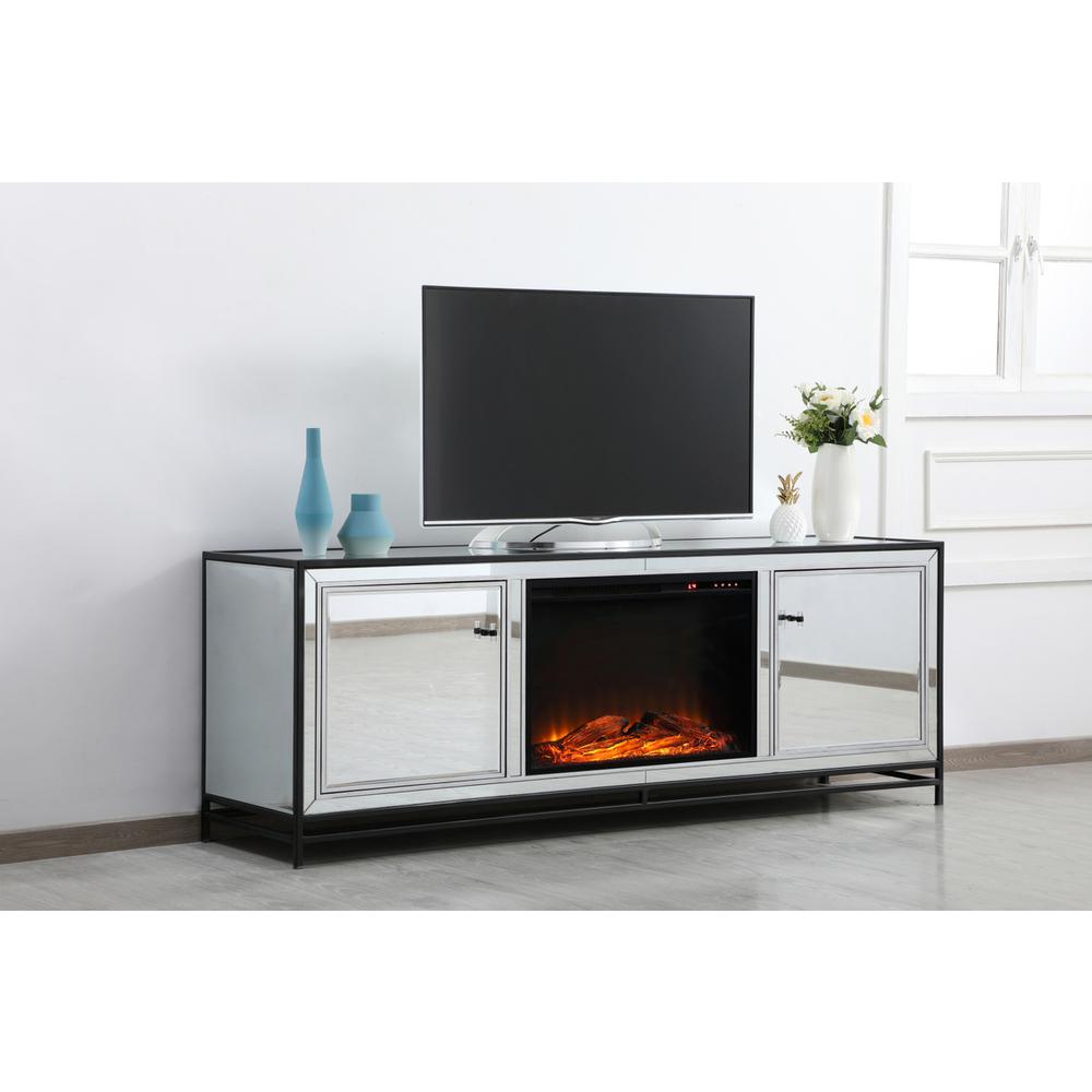 James 72 in. mirrored tv stand with wood fireplace in black. Picture 2