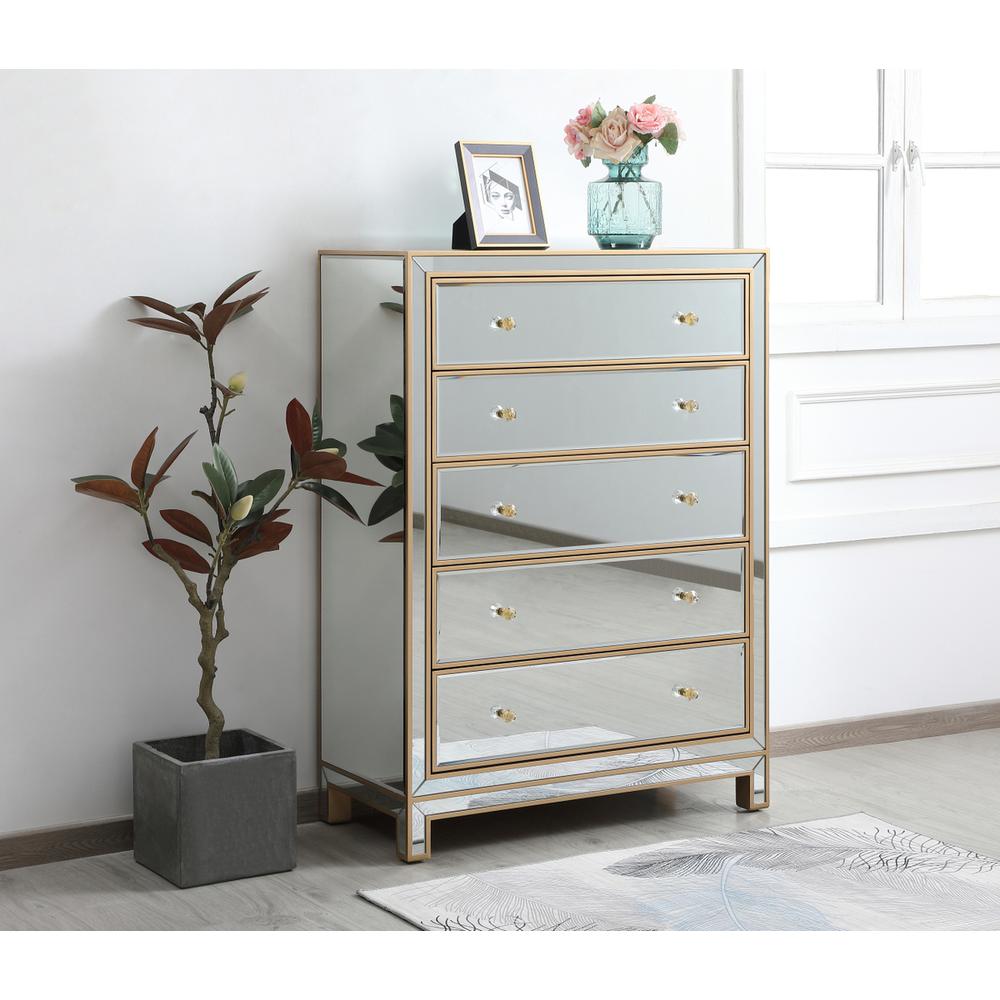 34 inch mirrored five drawer cabinet in gold. Picture 2