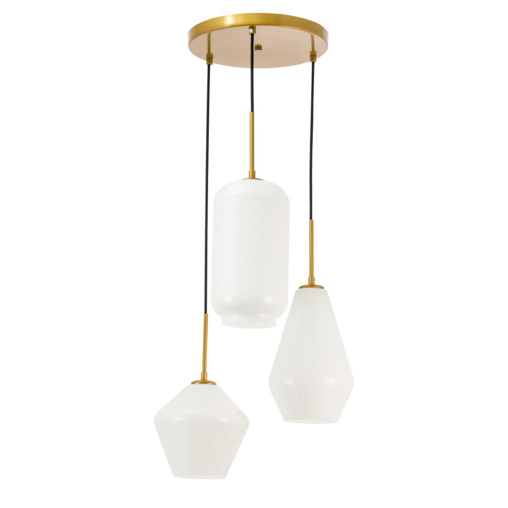 Gene 3 light Brass and Frosted white glass pendant. Picture 4