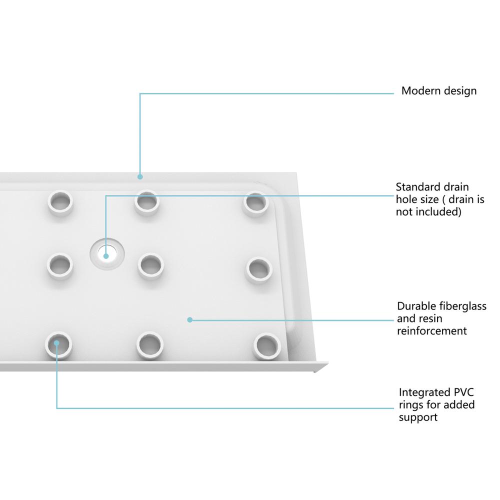 60x36 inch Single threshold shower tray center drain in glossy white. Picture 9