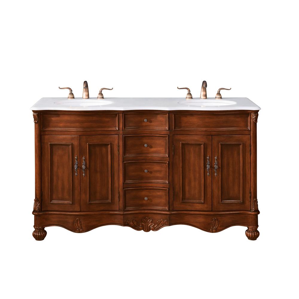 60 inch Double Bathroom vanity in Teak with ivory white engineered marble. Picture 1