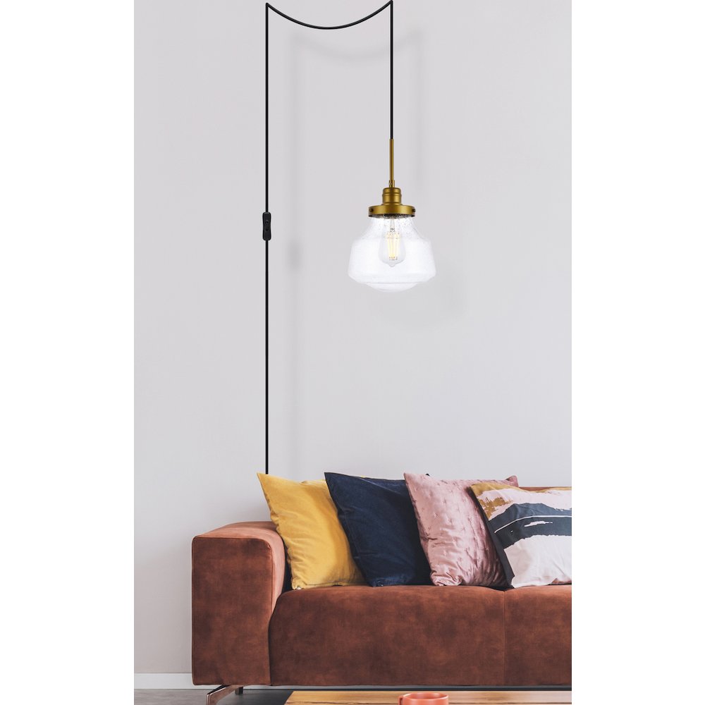 Lyle 1 Light Brass And Clear Seeded Glass Plug In Pendant. Picture 6
