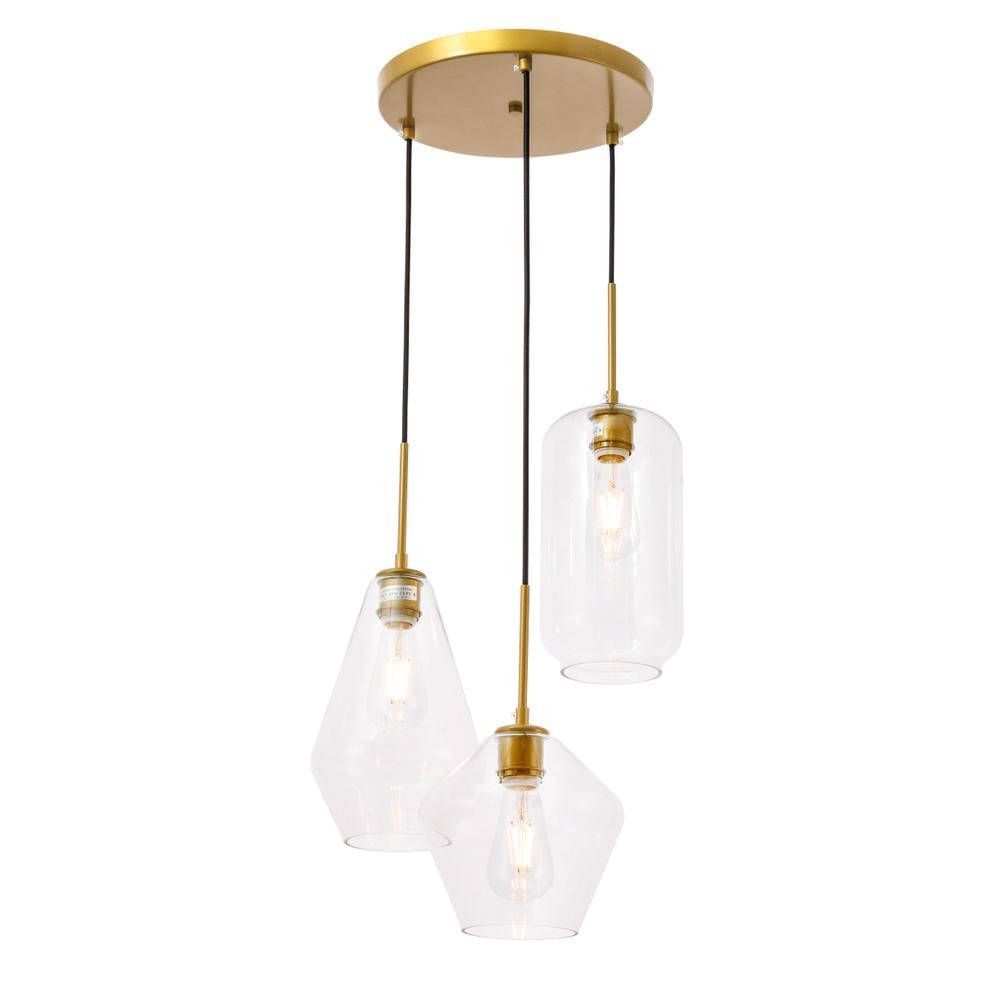 Gene 3 light Brass and Clear glass pendant. Picture 3