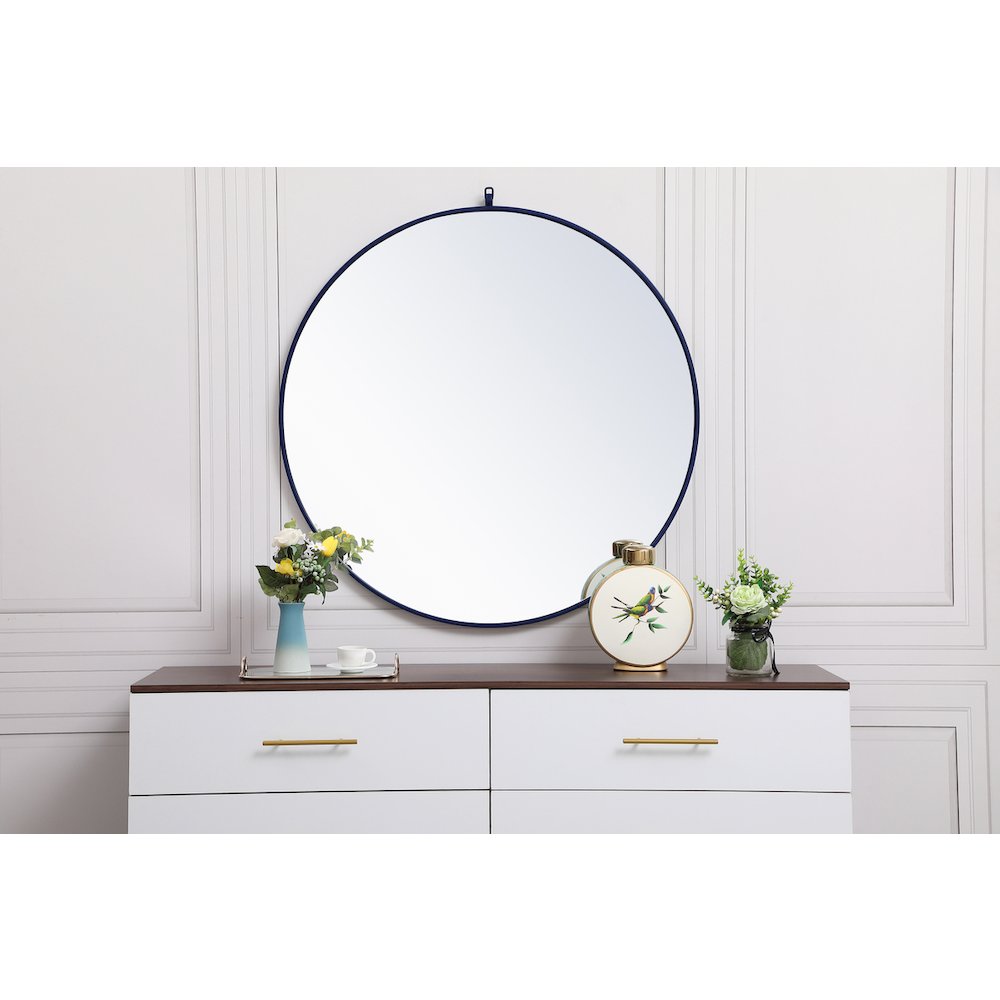 Metal Frame Round Mirror With Decorative Hook 39 Inch In Blue. Picture 2