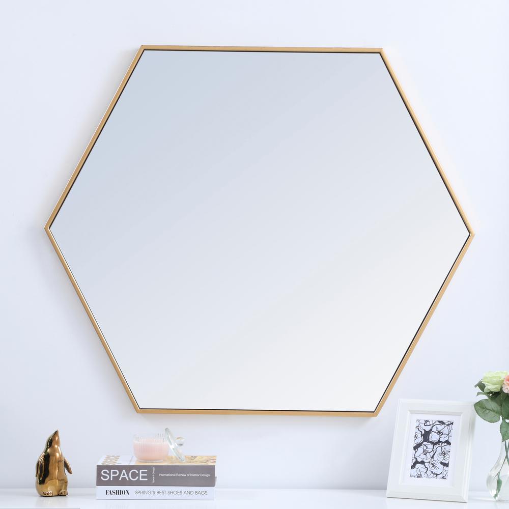 Metal frame hexagon mirror 41 inch in Brass. Picture 6