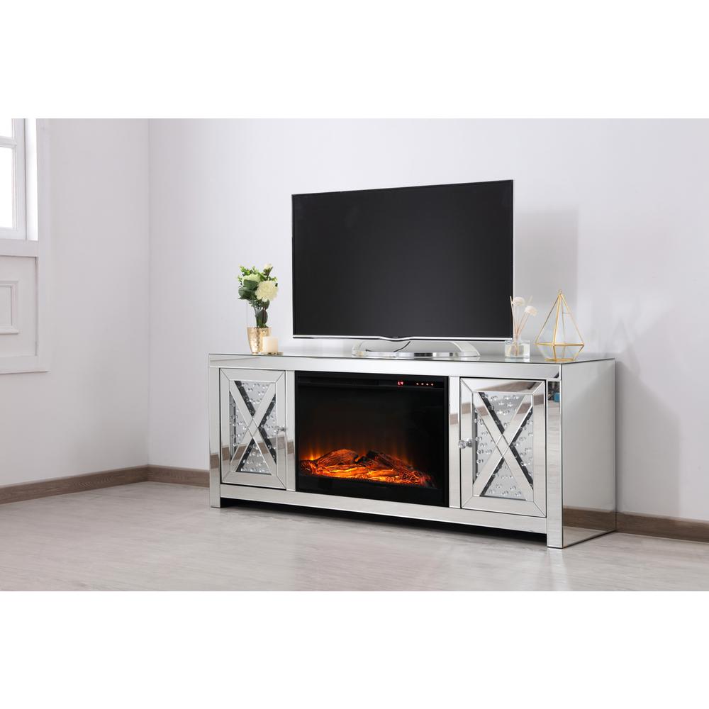 59 in. crystal mirrored TV stand with wood log insert fireplace. Picture 3