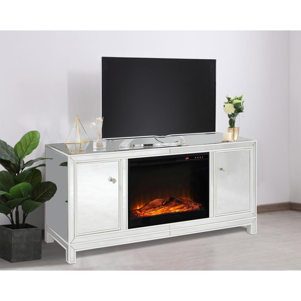 60 in. mirrored TV stand with wood fireplace insert in white. Picture 2