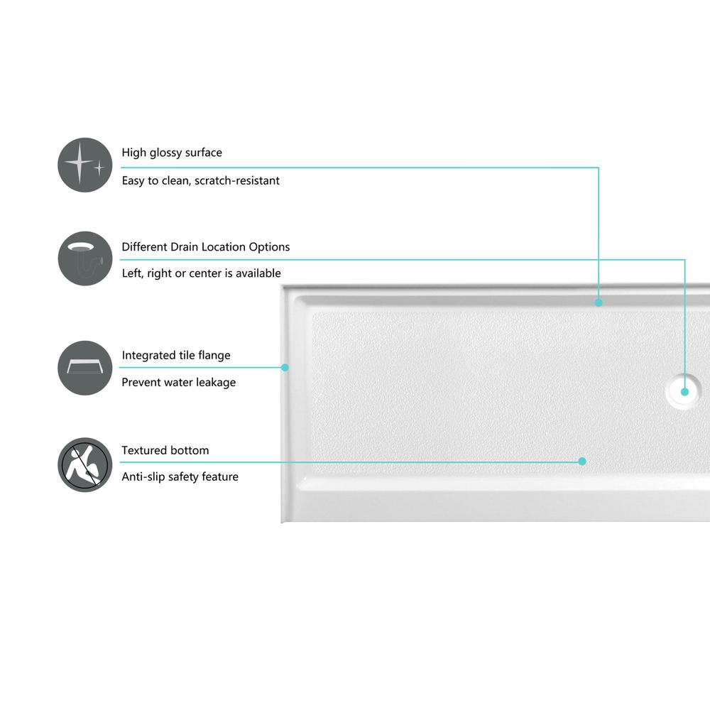 60x30 inch Single threshold shower tray right drain in glossy white. Picture 6