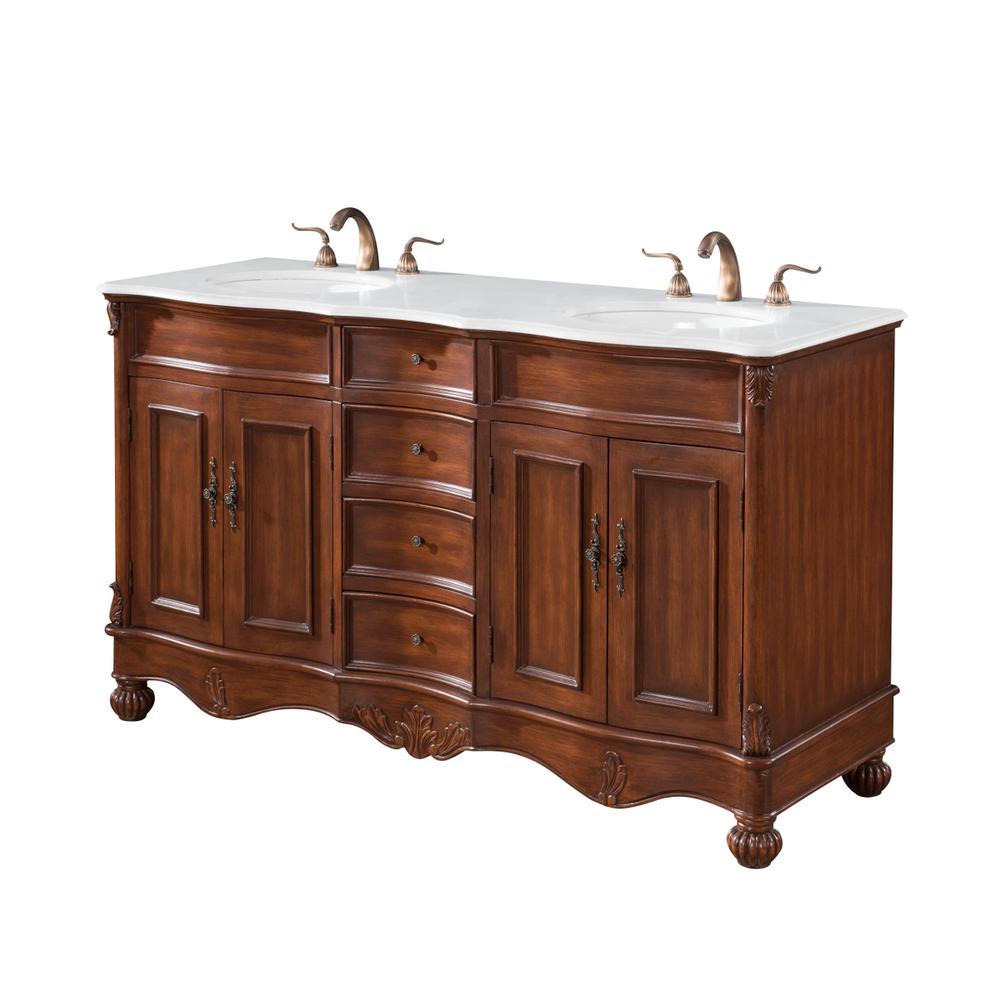 60 inch Double Bathroom vanity in Teak with ivory white engineered marble. Picture 12
