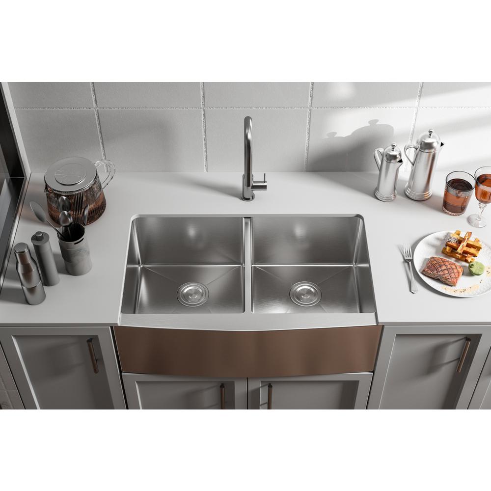 Stainless Steel farmhouse kitchen double sink L33'' x W21'' x H10". Picture 10
