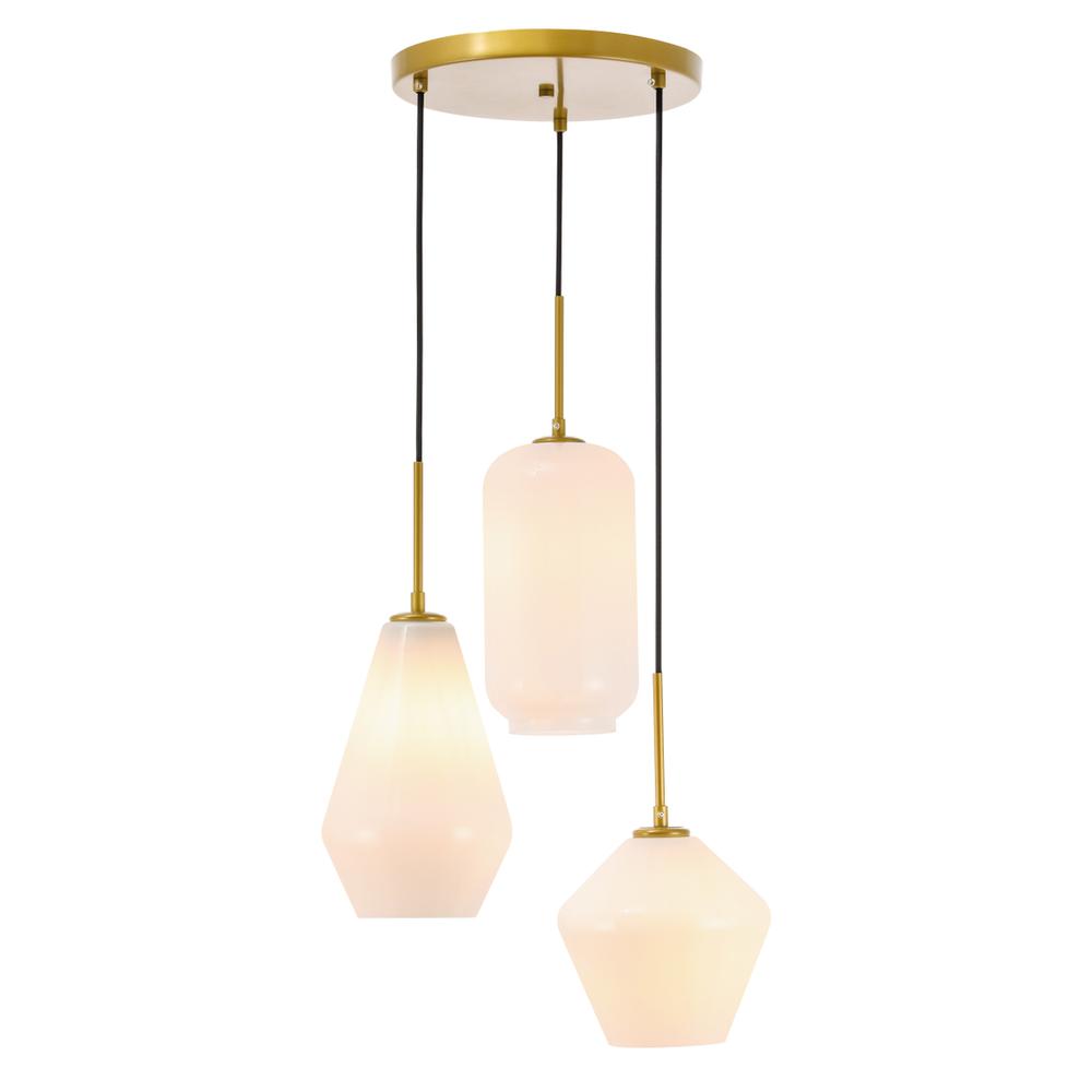 Gene 3 light Brass and Frosted white glass pendant. Picture 1