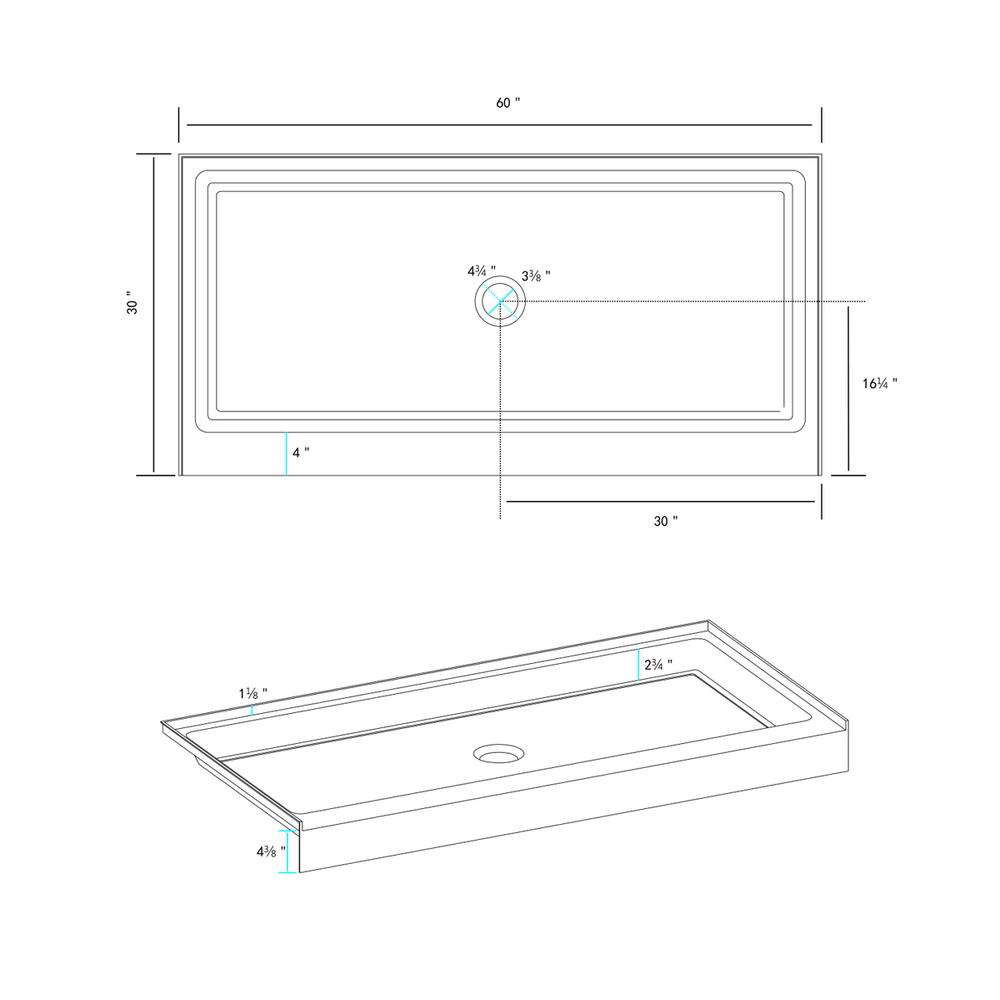 60x30 inch Single threshold shower tray center drain in glossy white. Picture 8