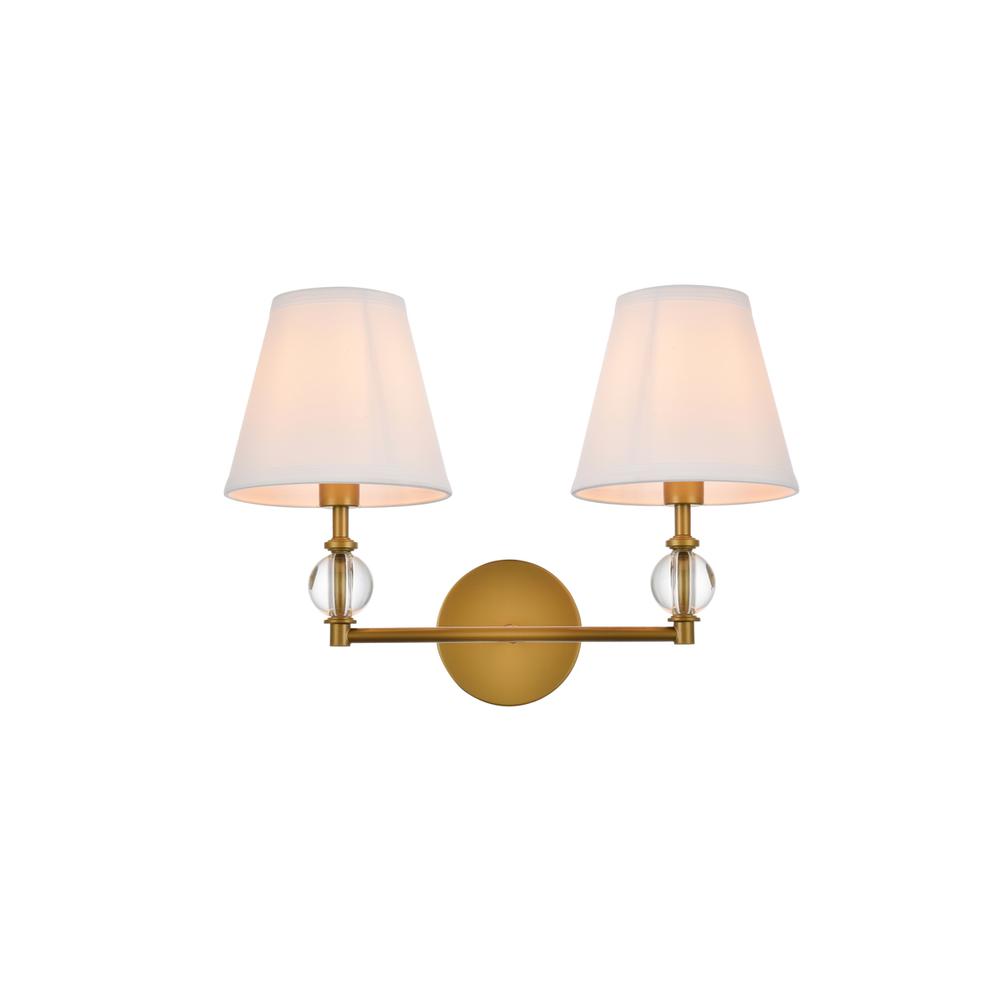 Bethany 2 lights bath sconce in brass with white fabric shade. Picture 1