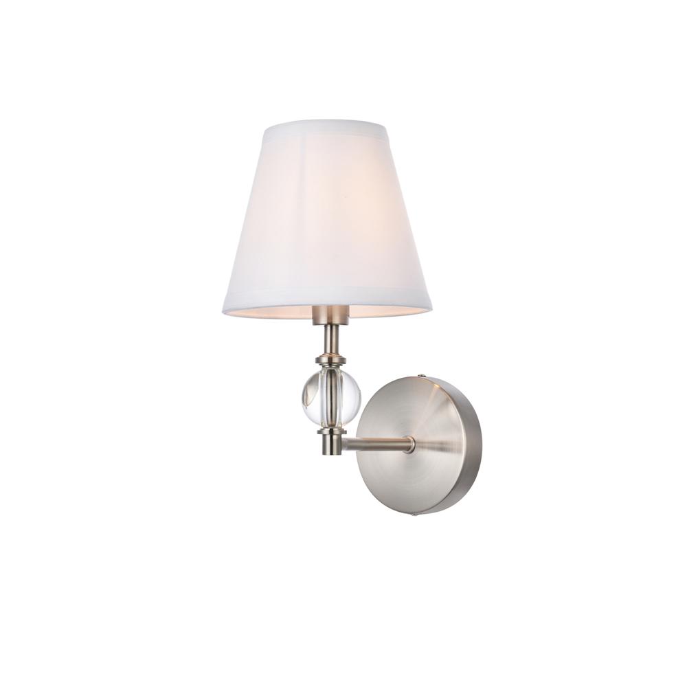 Bethany 1 light bath sconce in satin nickel with white fabric shade. Picture 2