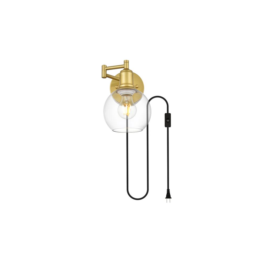 Caspian 1 light Brass and Clear swing arm plug in wall sconce. Picture 1