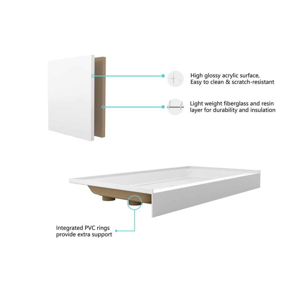 60x36 inch Single threshold shower tray center drain in glossy white. Picture 3