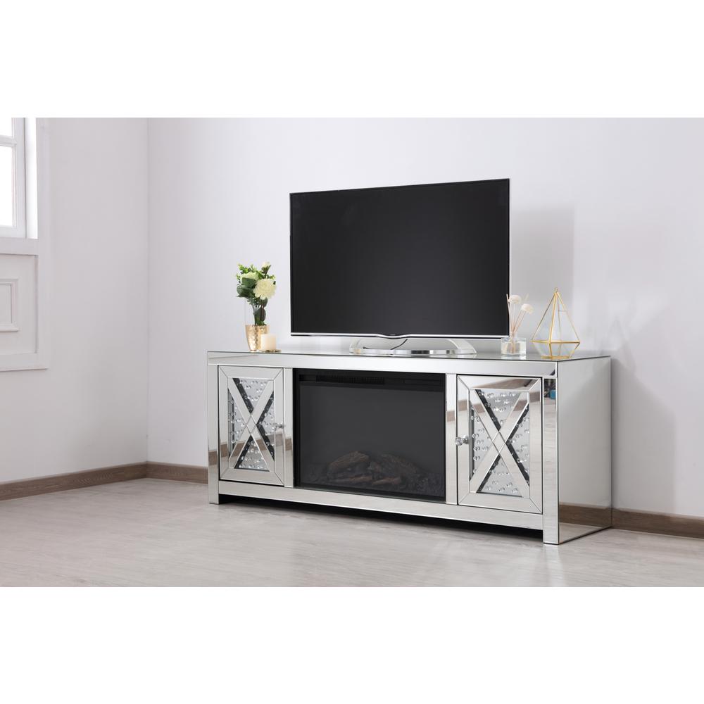 59 in. crystal mirrored TV stand with wood log insert fireplace. Picture 5