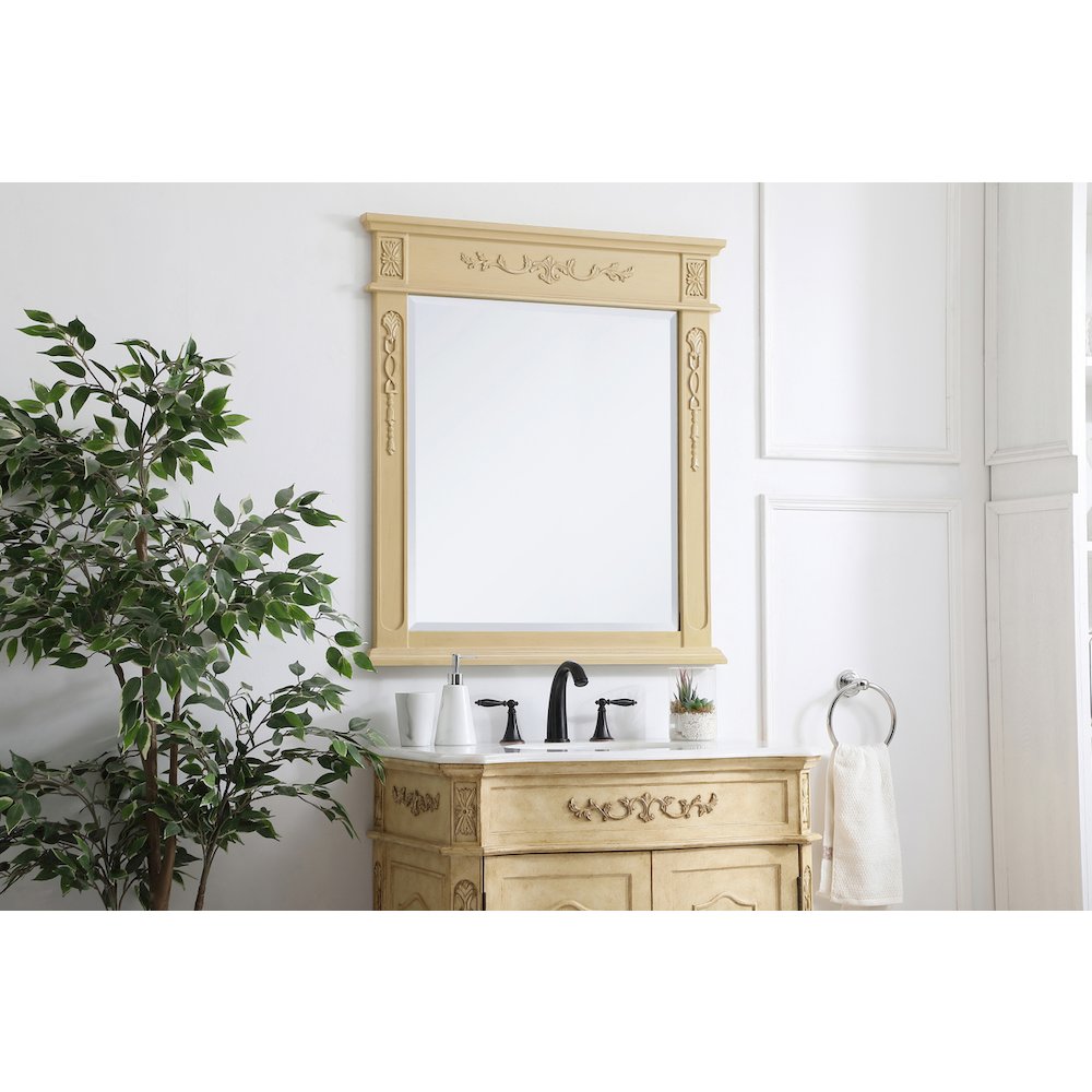 Wood Frame Mirror 32 Inch X 36 Inch In Light Antique Beige. Picture 3