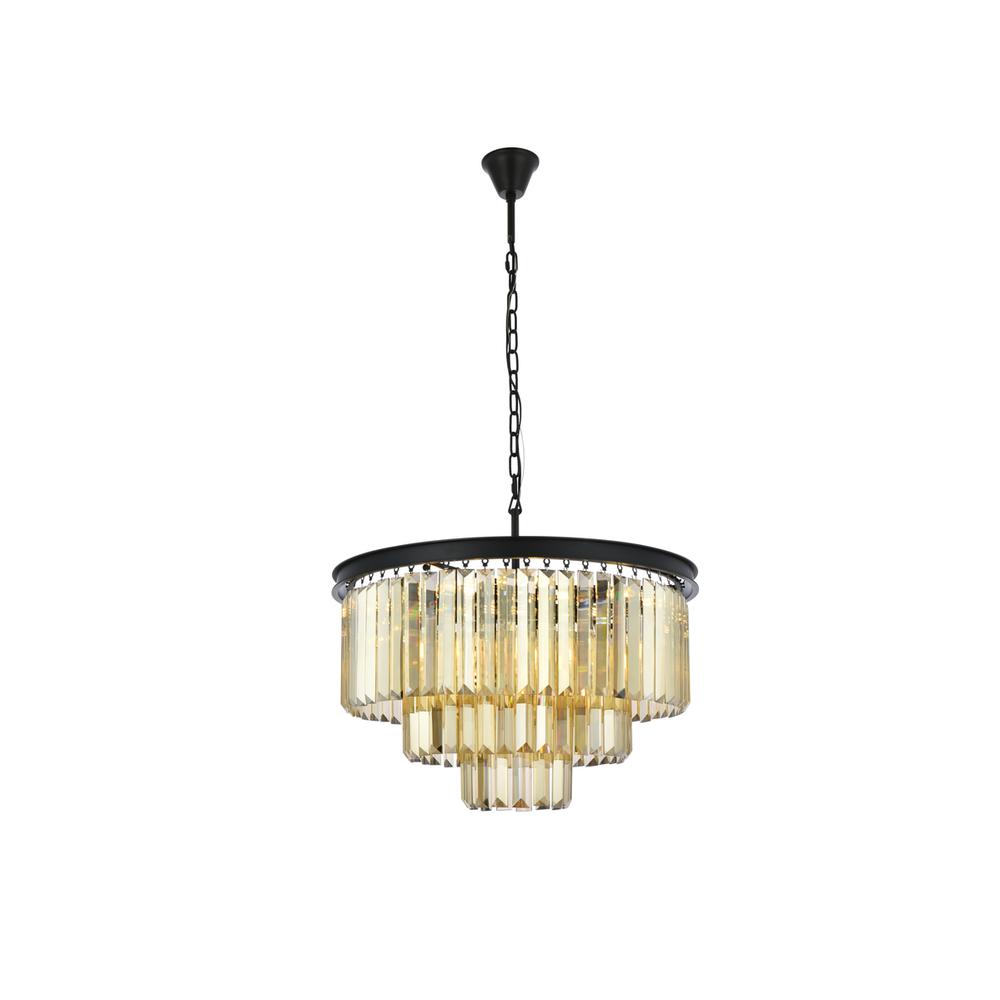 Sydney 9 light Matte Black Chandelier Golden Teak (Smoky) Royal Cut Crystal. Picture 1